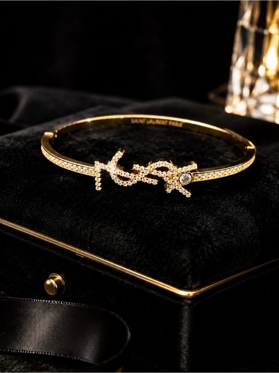 Fashion Jewelry Jewelry - Gold Crystal YSL Script Logo Bangle